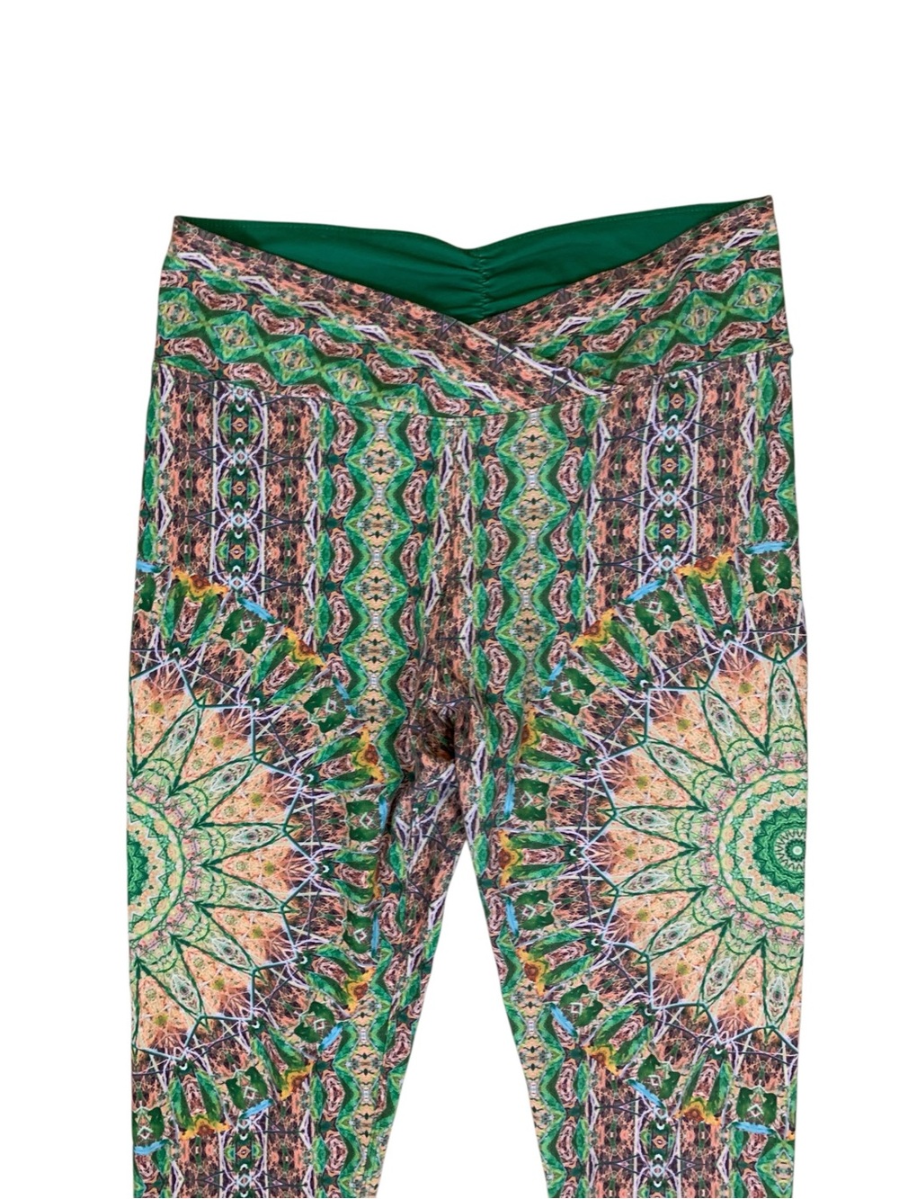 Wolven Fauna Ruched Crossover Leggings Green Abstract Print High Rise Yoga M - Picture 3 of 5